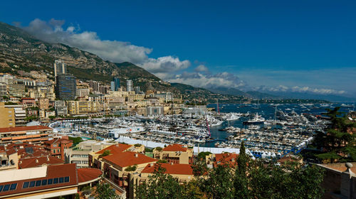 High angle shot of townscape against sky