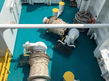 High angle view of boats moored in water