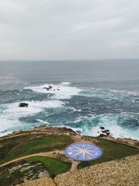 High angle view of sea shore against sky