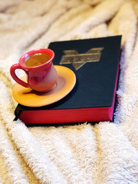 High angle view of coffee cup on table