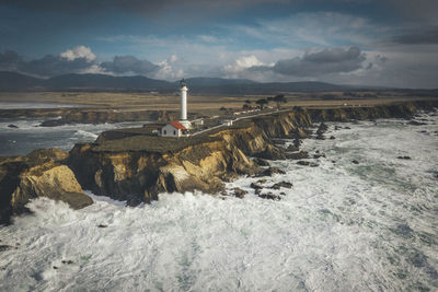 Lighthouse on the pacific coast from above, point arena, california