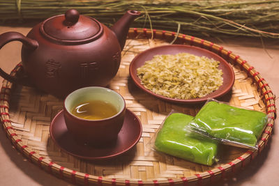 Close-up of food and drink on table