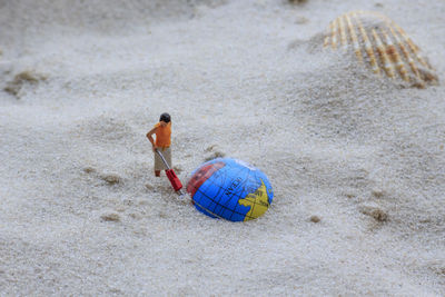 Figurine and seashell on sand at beach