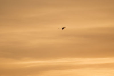 Low angle view of silhouette airplane against sky during sunset