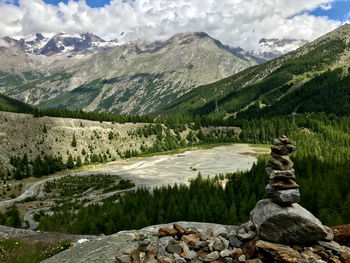 Scenic view of lake by mountains against sky