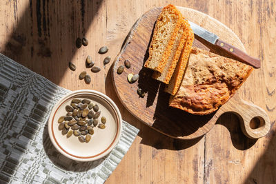 High angle view of breakfast on table