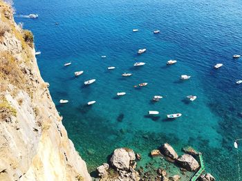 High angle view of sailboats in sea