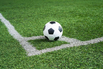 High angle view of soccer ball on field