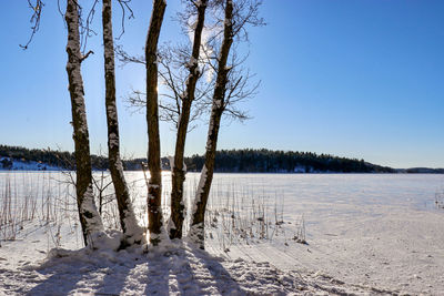 Scenic view of snow covered field against clear sky