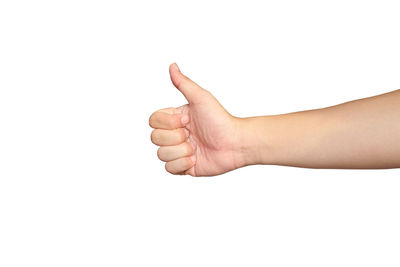 Midsection of person hand against white background