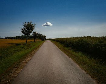 Road amidst trees on field against sky