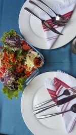 High angle view of food in plate on table