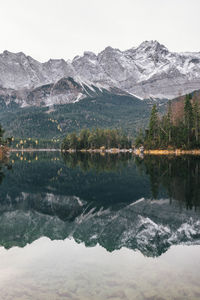 Scenic view of lake by snowcapped mountains against sky