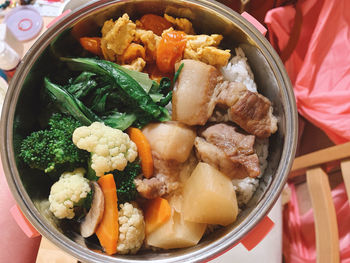 High angle view of vegetables in bowl on table