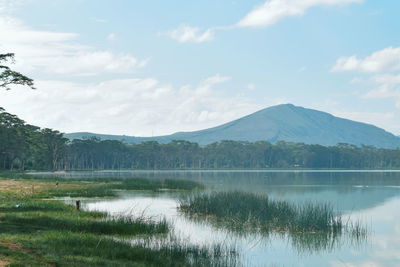 Scenic view of lake and mountains against sky