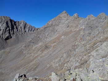 Scenic view of mountains against clear blue sky