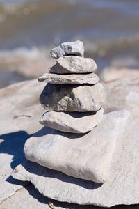 Close-up of stone stack on rock