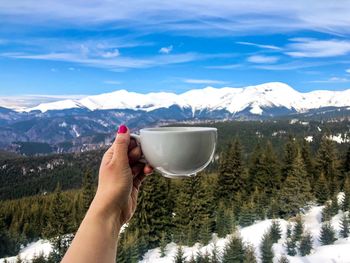Midsection of person holding ice cream on snowcapped mountains