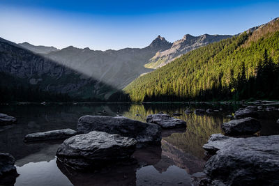 Scenic view of lake by mountains against sky