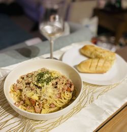 High angle view of meal served on table