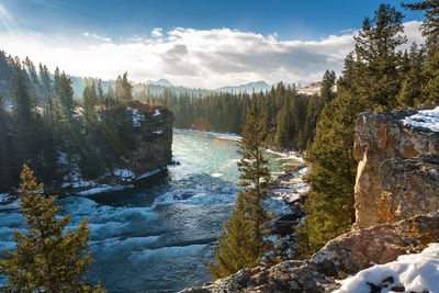 Scenic view of waterfall against sky