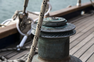 Close-up of rope on nautical vessel