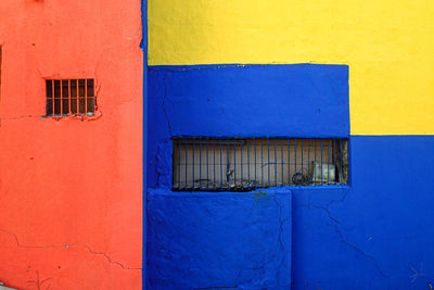 Closed blue door of building