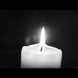 Close-up of lit candle in dark room