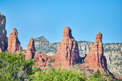 Panoramic view of rocky mountains against clear blue sky