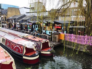 Boats moored on river by trees