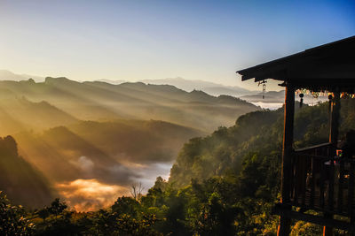 Scenic view of mountains against sky during sunset