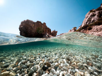 Rocks in sea against clear blue sky