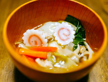 Close-up of soup in bowl on table