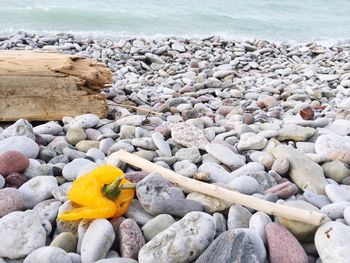 High angle view of pebbles on beach