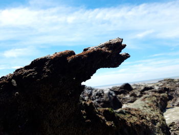 Close-up of rock formation by sea against sky