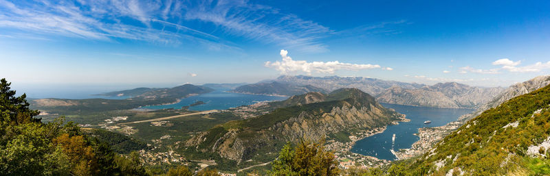 Panoramic view of mountains by sea against blue sky