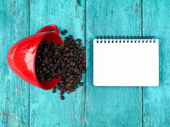 High angle view of coffee cup on table