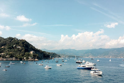 Sailboats in sea against sky