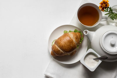 High angle view of breakfast served on table