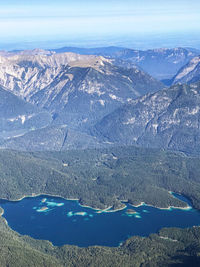 Aerial view of landscape and lake against sky