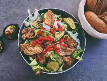 High angle view of food served on table