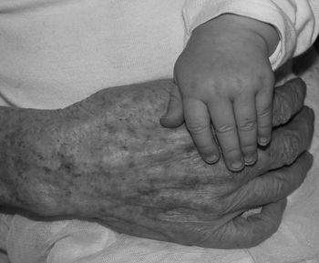 Cropped image of baby holding parent hand