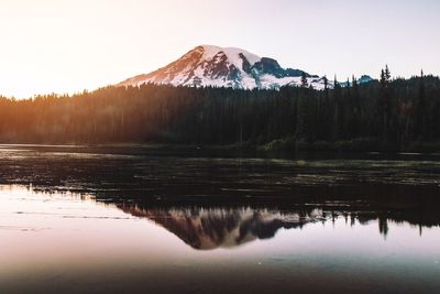 Calm lake with mountains in background