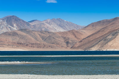 Scenic view of lake and mountains against blue sky