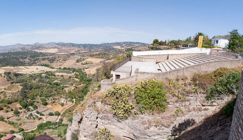 High angle view of buildings against sky