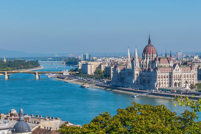 High angle view of the parliament building and the danube river in budapest