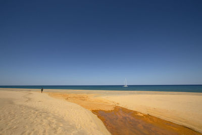 Scenic view of beach against clear blue sky