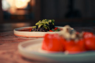 Close-up of sushi in plate on table