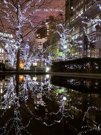 Reflection of building in lake at night