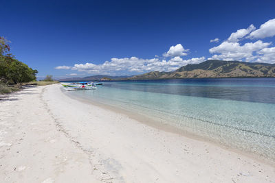 Scenic view of beach against blue sky